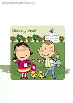可爱的一对小学生和可爱的小鸡AI|草地|插画|绘画|卡通|卡通人物|卡通人物图片|可爱|漫画人物|人物素材|人物图片|矢量人物|矢量素材|树木|小鸡|小男孩|小女孩|学校