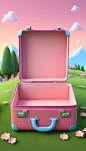 A-open-empty-pink-suitcase-on-the-wide-grass-surrounded-by-flowers--in-front-view--high-view--the-suitcase-is-empty-inside--with-sky-blue-background--in-the-cartoon-style--rendered-in-C4D--as-a-3D-sce (10)