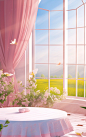 3d frame of princess home decor, in the style of lush landscape backgrounds, pink, blurred, dreamlike atmosphere, windows xp, glazed surfaces, organic material