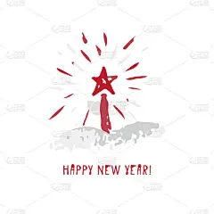 手绘圣诞和新年贺卡与节日象征烟花和书法问候题词