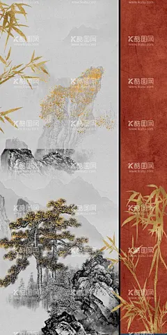 中式山水竹韵国画装饰画  - 源文件下载【酷图网】山水竹子,山水,竹子,矢量竹子,风景,山水画,湖,石头,波纹湖面,鲤鱼,鱼,书房装饰,客厅挂画,宾馆装饰,酒楼装饰,装饰画,移门画,无框画,工笔画,国画竹子,矢量,山水风景,自然景观,