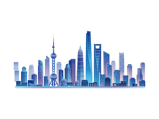 蓝色手绘科技风城市建筑高楼剪影元素PNG...