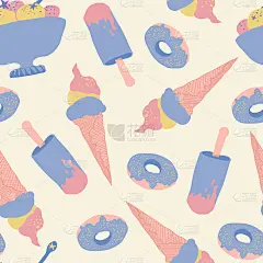 甜美清新的夏季矢量无缝模式与不同种类的冰淇淋和甜甜圈在时尚的颜色