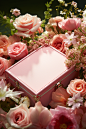 the photograph of a pink box and flowers, in the style of expansive, pale palette, storybook-esque, photobashing, flat surfaces, lush and detailed, sleek