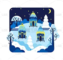 三间高跷小屋耸立在冰川上。矢量插图在平坦的卡通风格。小村庄，月亮，星星和树木覆盖着雪