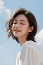  1 girl, European and American face, 70 degree face, looking up ,eyes closed,0.03, revealing ears, brown hair,, white short sleeved shirt,, blue sky background,light cloud, Purity Portait,（smile：0.2）