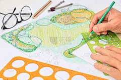 景观设计师设计石庭院在后院花园平面图