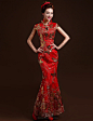 红色蕾丝刺绣长款鱼尾新娘旗袍