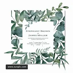 方形的婚礼卡，用水彩叶子装饰。 插图插画 