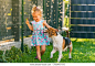 Baby girl running with beagle dog in backyard in summer day. Domestic animal with children concept. Dog chasing 2-3 year old, runs after treat.
