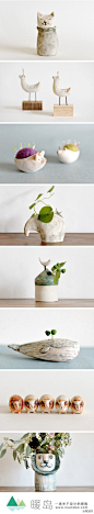 日本艺术家Kusa-fune的陶瓷制品给人一种安静清冽的感觉，微微探出头来的植物绿叶则让它更具幽趣。@北坤人素材
