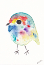 Happy Cuddly Rainbow Bird - Watercolor Painting - Art Print #小清新插画#