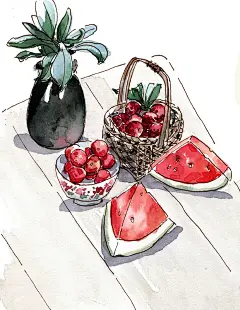 钢笔淡彩手绘夏日西瓜杨梅桌面小景图片下载