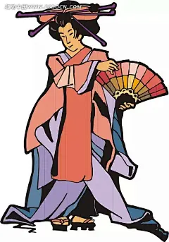 穿着红色和服拿着扇子的手绘日本女子插画|红色和服|卡通画|日本女子|扇子|矢量素材|手绘|穿和服日本女子|GEISHA日本女子头像|穿和服的日本女子|古代日本女子