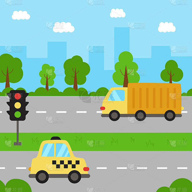 城市景观与卡通交通的道路。