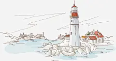 大海和灯塔高清素材 大海 彩色 手绘 插图 港口 灯塔 背景 风景 免抠png 设计图片 免费下载