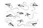 Paper airplane. Flying planes from : Paper airplane. Flying origami planes from different angles, contour airplanes and dotted line, travel route symbol black outline vector isolated set