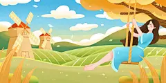 手绘插画6542秋分荡秋千秋游的女孩