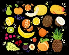 一套色彩鲜艳的手绘水果热带甜水果，以及柑橘类水果插画。苹果，梨，橘子，香蕉，菠萝，葡萄，柠檬，芒果。