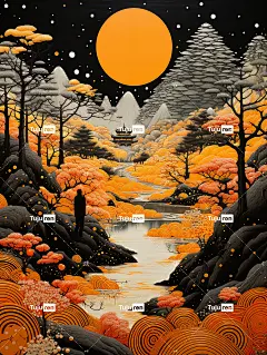 富有想象力的奇幻风景插画海报金黄色