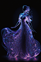 A holographic girl in an enchanted liquid fiber optic gown, swirling haute couture, fantasy, motion capture, bright light, metaphysical, alldimensional, hyperdimensional, octane render