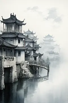 水墨画风徽派建筑江南水乡插画