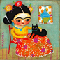 FRIDA kahlo in floral skirt with black cat PRINT of mexican style painting by tascha: 