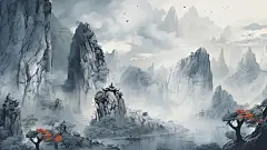 唯美古风建筑黄山山水植物壁纸