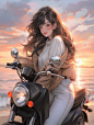 【机车女孩系列】海边落日（油画风）