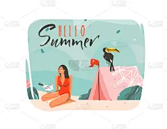 夏天,抽象,举起手,动画片,壁纸,巨嘴鸟,女人,自然美,绘制,问候