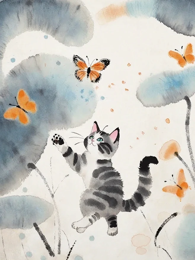 水墨画|猫咪扑蝶 - 小红书-花瓣网