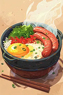广式腊味木桶饭煲仔饭美食插画