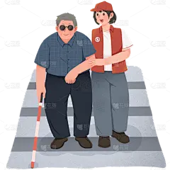 手绘-志愿者贴纸-扶盲人过马路