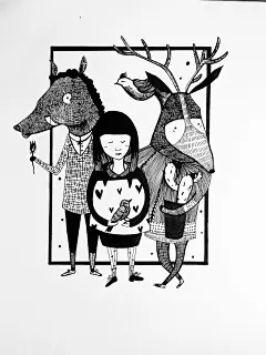 黑白插画动物女孩