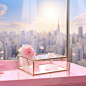 a pink box with flowers in it, in the style of grandiose cityscape views, with white curtains，anime inspired, glass as material, soft and dreamy atmosphere, spectacular backdrops, playful details, spatial concept