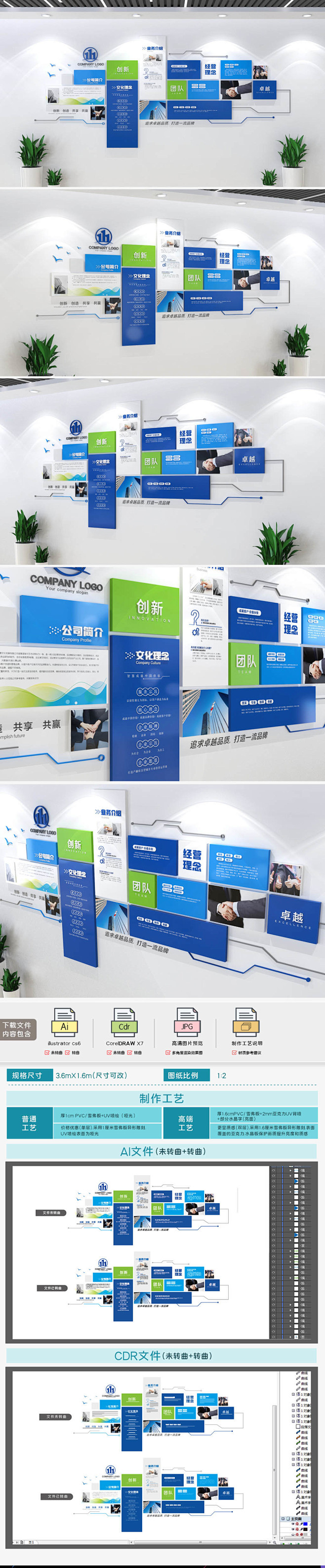 蓝色科技企业简介文化墙办公室宣传栏设计走...
