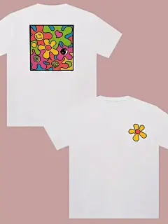 一件男女通用的棉质圆领t恤，带有彩色印花和花卉装饰，适合青少年的休闲短袖上衣，轻微弹力针织面料，夏季时尚