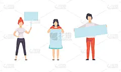 人们持有空的空白横幅，男人和女人站在空白招牌平面矢量插图