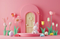 3d render podium with easter door, easter decoration, bunny , flower, concept for kids or baby with copy space for baby