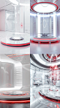Science fiction-style design, circular display stage, technological elements, glass geometric shapes, laboratory style, white and red color scheme, futuristic minimalism, modern studio lighting, high resolution, 3D rendering, high-end futuristic feel, min