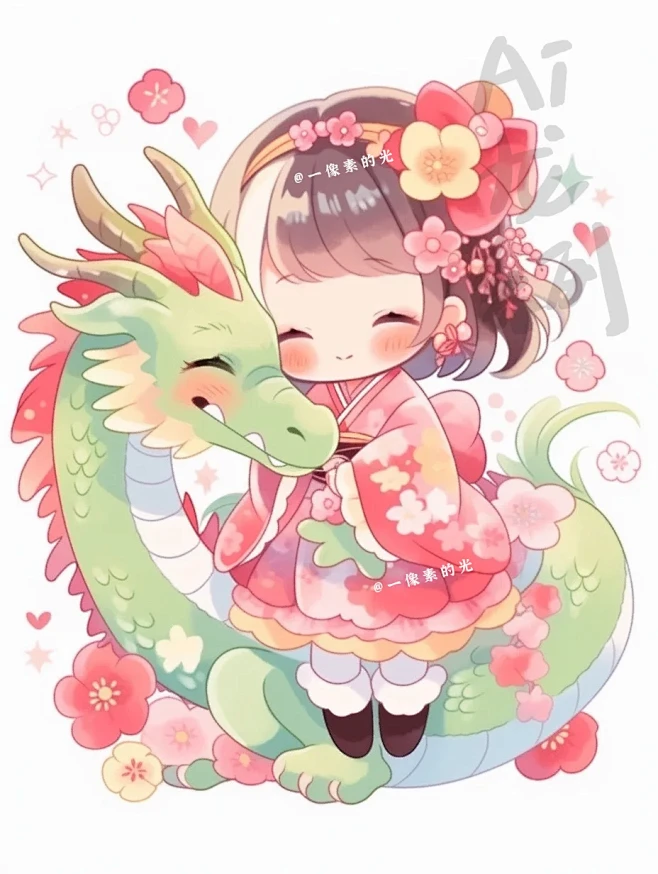 可爱的小女孩和温柔的小龙／萌萌儿童插画