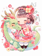 可爱的小女孩和温柔的小龙／萌萌儿童插画