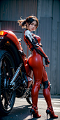  High quality, game CG, wallpaper,(1 girl lean on a motorcycle:1.4),short hair,Wide-angle lens, best quality,depth of field, looking at the audience,dynamic pose,simple background,(mechanical parts),mechanical arm,cyberpunk, mechanical body,mechanical leg