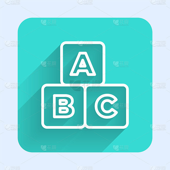 白线ABC块图标孤立与长阴影。字母A,B,C的字母表立方体。绿色广场按钮。向量