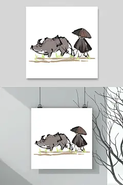 清明牧童牧牛插画素材
