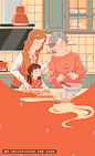 春节冬至一家人包饺子的插画
