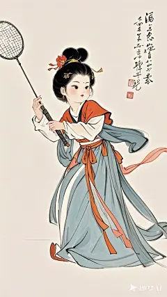 全景,水墨插画,极简主义，漂亮的唐代女士插画,女士打羽毛球，现代人物与古风工笔画结合，画风细腻成熟，独特的风格，识别度高，人物讨喜又不失韵味，可爱的Q版唐代风俗画图，背景简洁，纯色背景。 (3)