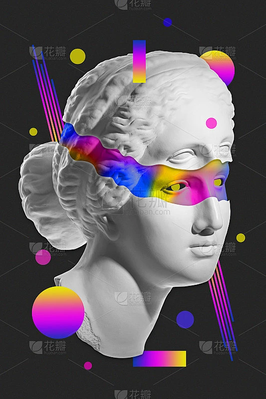 波普艺术风格的人脸拼贴画。现代创意概念形象与古代雕塑头像。电子杂志的文化。当代艺术海报。时髦的朋克极素材-花瓣网