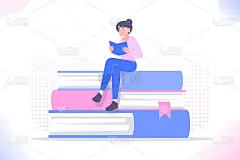读书的概念是，年轻女子或学生坐在书堆上看书。教育，为考试做准备和学习。文学爱好者或书虫隐喻，矢量插图