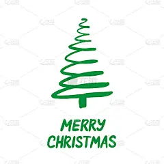 绿色的圣诞树孤立在白色的背景。新年快乐的象征。三角形螺旋喷雾素描。圣诞佳节祝词快乐。抽象亮色设计手绘